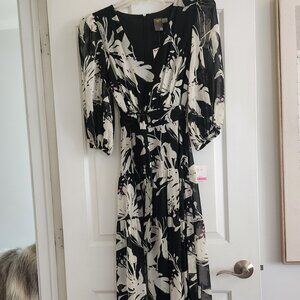 Black and white empire, floral maxi belted dress